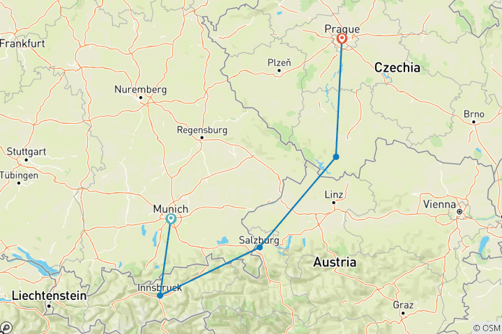 Kaart van München, Innsbruck, Salzburg, Cesky Krumlov & Praag