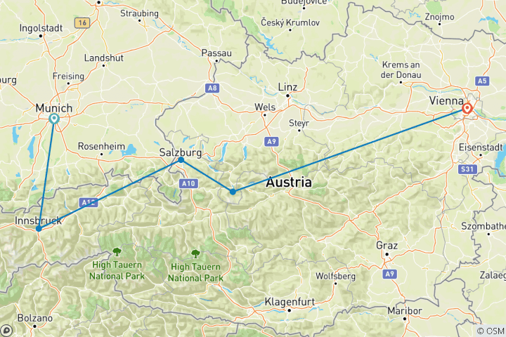 Mapa de Múnich - Innsbruck - Salzburgo - Hallstatt - Viena