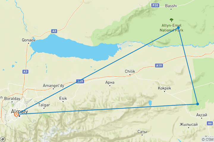 Map of Altyn Emel national park and Charyn canyon