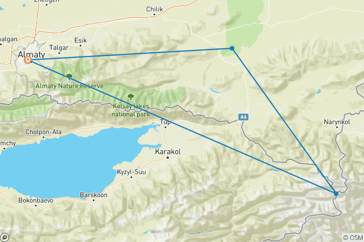 Carte du circuit 5 jours d'aventure à cheval dans la région d'Almaty