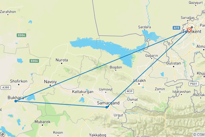 Kaart van WeekendRondreis door naar Oezbekistan (Tasjkent  – Samarkandagen – Bukhara  – Tasjkent)