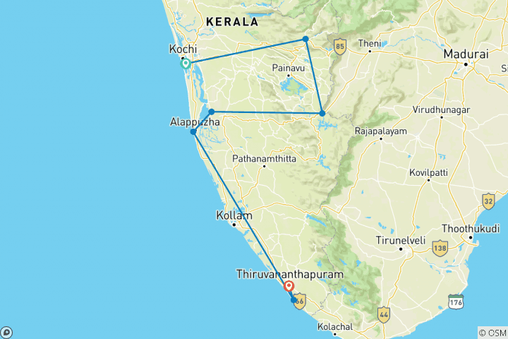 Map of Quick Cochin Munnar Thekkady Alleppy Kovalam 8 Days Tour