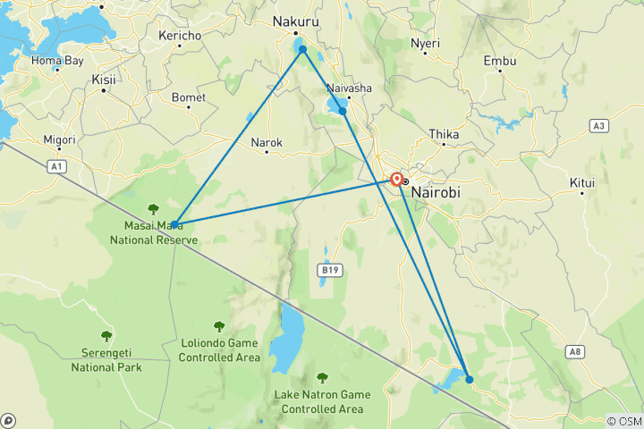 Carte du circuit Faites l'expérience du safari privé de 8 jours le plus authentique, le plus personnalisé et le moins cher au Kenya, de Nairobi à Masai Mara, au lac Nakuru, au lac Naivasha et à Amboseli.