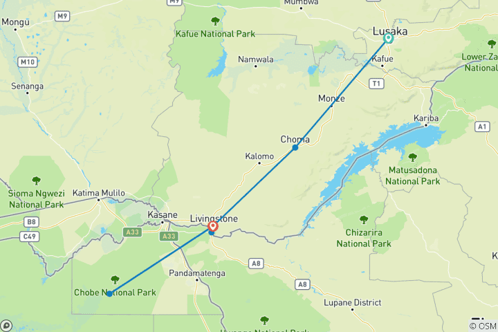 Carte du circuit 8 jours : Le meilleur de la Zambie, du Botswana (Chobe) et du Zimbabwe (Zambezi) - Safari animalier