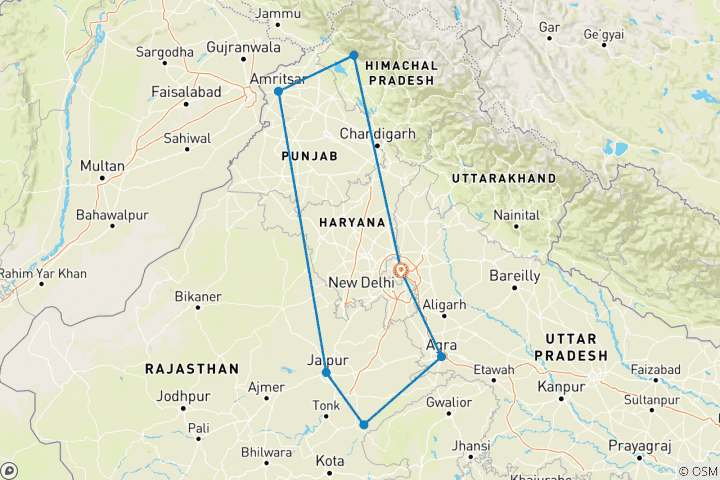 Karte von Goldenes Dreieck mit Ranthambor, Amaritsar & Dharamshala