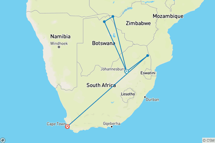 Map of 12 Day | Victoria Falls, Chobe, Kruger NP & Cape Town (South Africa)