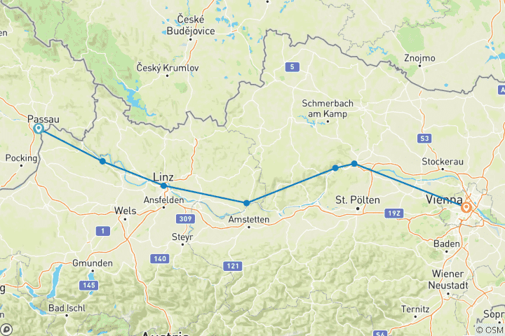 Kaart van Donau-fietspad met charme