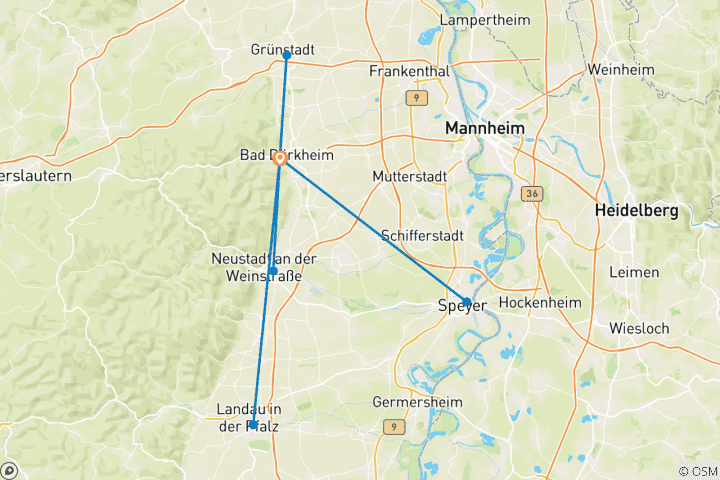 Mapa de Ruta del Vino por el Palatinado con base en un hotel 7/6