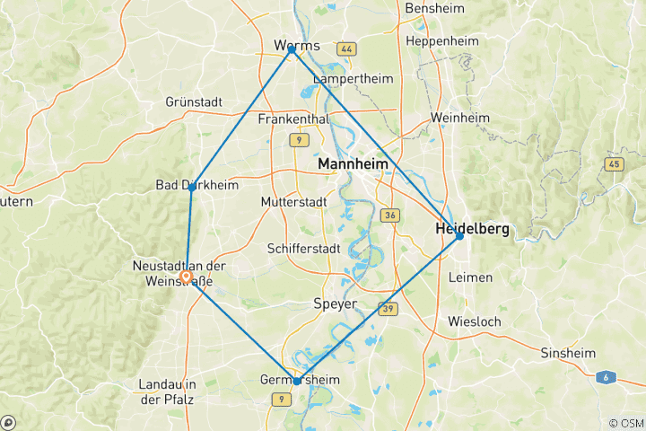 Map of Rhine Romance - Speyer, Heidelberg, Worms 7/6