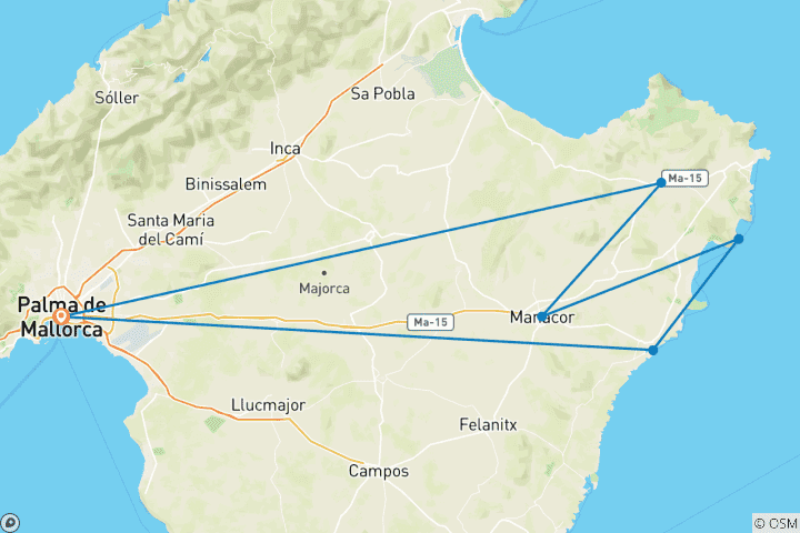 Map of Majorca East Coast based in one hotel 8/7 Hotel Sabina