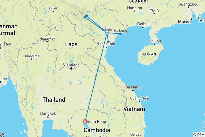 Kaart van 9 Dagen Noord-Vietnam - Cambodja (Hanoi, Sapa, Ha Long, Siem Reap)