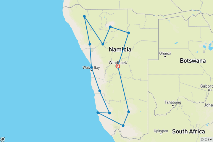 Map of Namibian Top Sightseeing & Cultural Tour 16D/ 15N