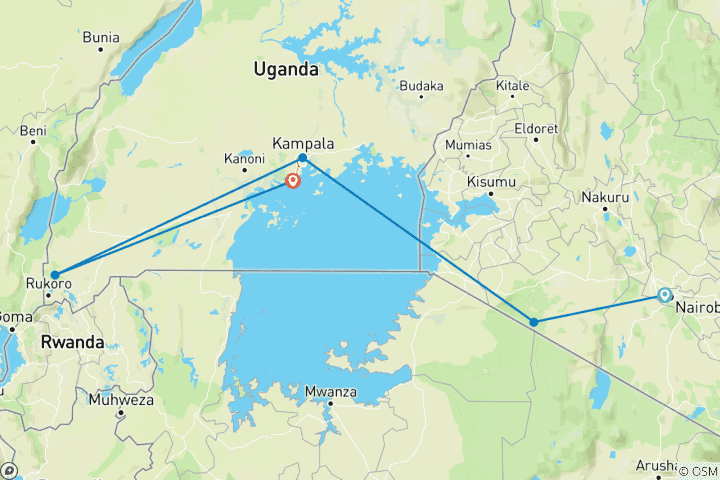 Kaart van 5 Daagse luxe vliegsafari Kenia en Oeganda