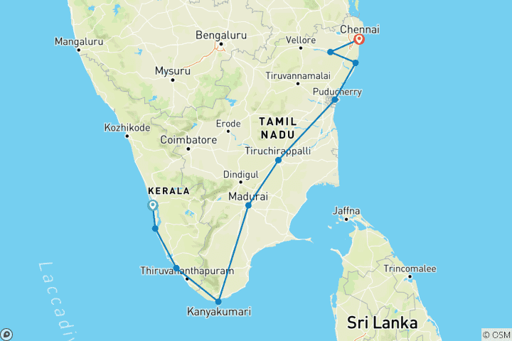 Map of 12 Days South India Tour