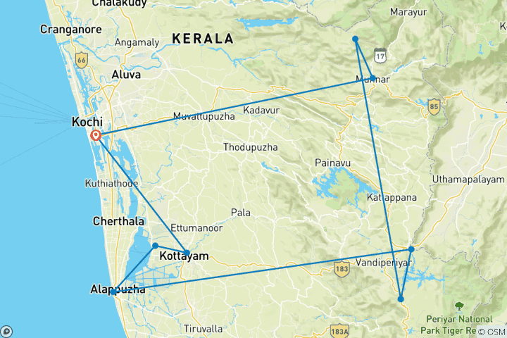 Karte von Kerala Rundreise - 8 Tage