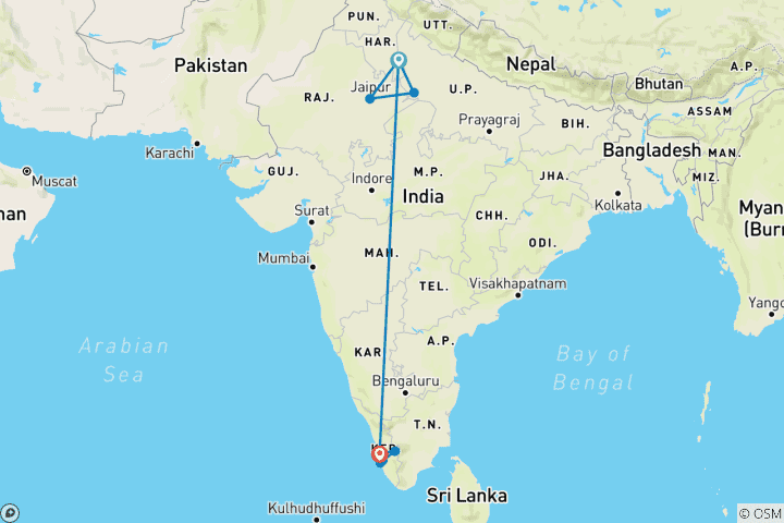 Map of India's Golden Triangle Tour and Kerala Backwaters