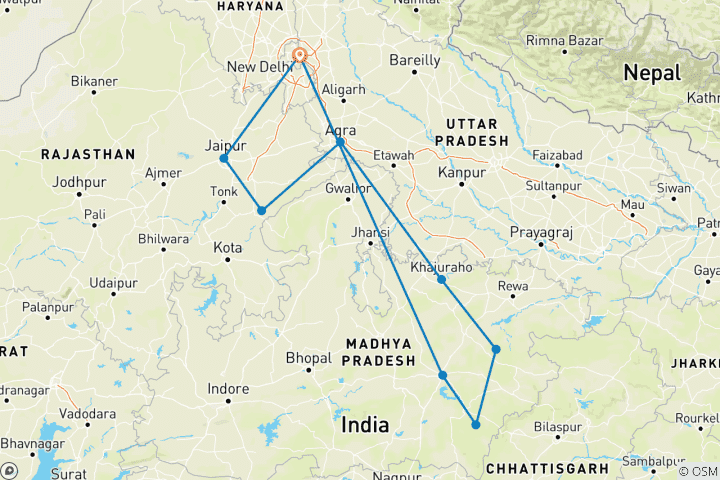 Map of Wildlife Tour India