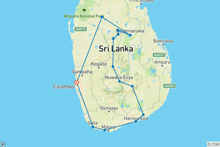 Kaart van 11 nachten 12 dagen rondreis in sri lanka met privéchauffeur, voertuig en H/B-accommodatie