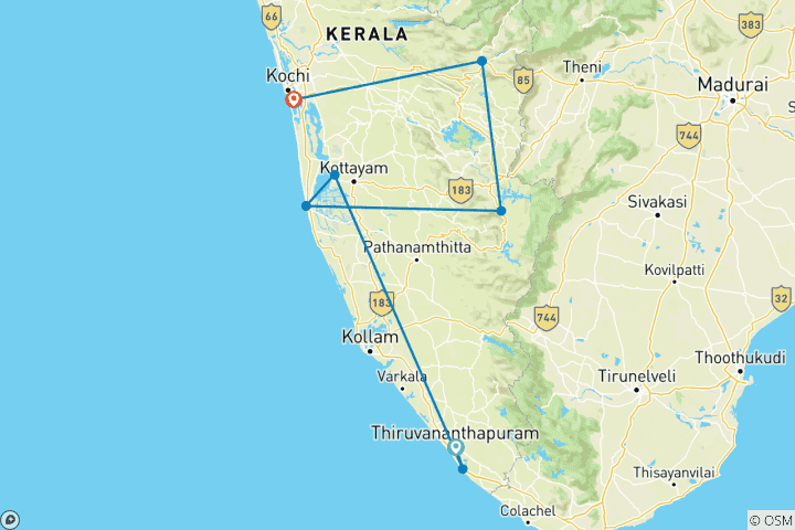 Carte du circuit Circuit personnalisé de 11 jours dans l'État indien du Kerala avec départ quotidien