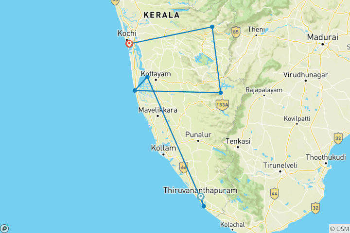 Map of Customized 11 Days Tour in Kerala State of India with Daily Departure