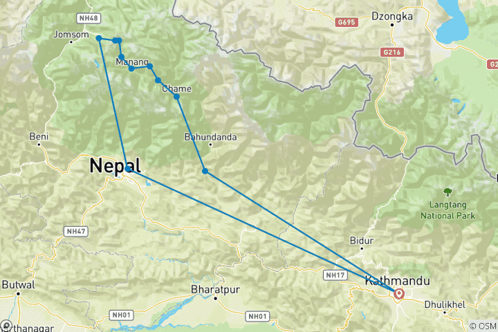 Mapa de Circuito corto del Annapurna 10 días