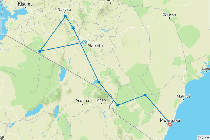 Carte du circuit Safari en véhicule partagé au Kenya - budget - 8 jours