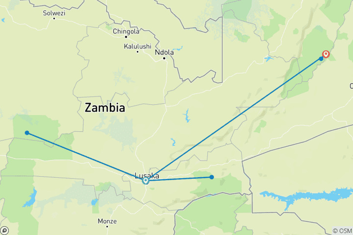 Map of Nyati BIG-5 Classic “Best of Zambia” Safari Experience: Lower Zambezi, Kafue (Busanga Plains) and South Luangwa National Parks – 11 days