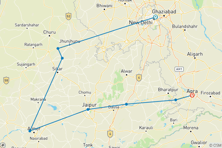 Mapa de Vacaciones privadas a medida en la India durante 9 días a Mandawa y Pushkar, con salida diaria