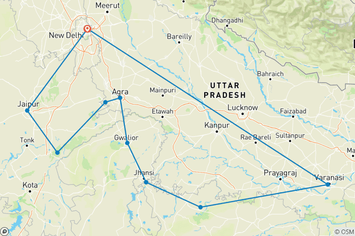 Mapa de Viaje familiar a la India de 14 días con Khajuraho y safari, a medida, con salida diaria