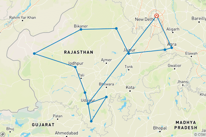 Kaart van Rondreis door Rajasthan met Taj Mahal