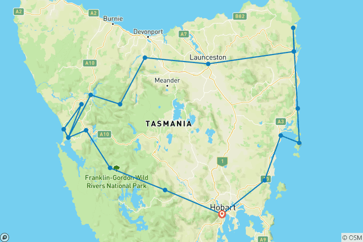 Carte du circuit Famous 5 - Circuit de 5 jours en Tasmanie