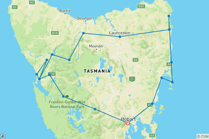 Map of Famous 5 - 5 day Tour of Tasmania