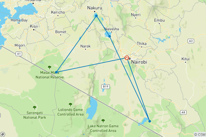 Map of Discover Our Exclusive & Most Affordable 7-Day Kenya Private Budget Safari from Nairobi to Masai Mara, Lake Nakuru, Lake Naivasha & Amboseli