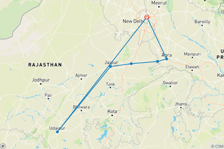 Map of Customized India Triangle & Udaipur Adventure, Daily Departure