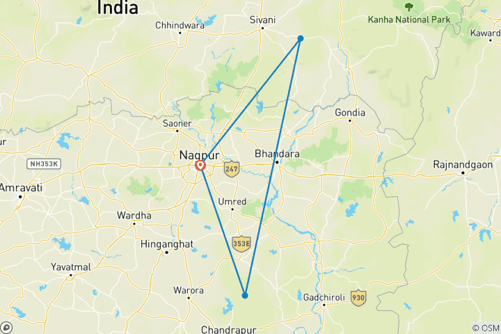 Carte du circuit 7 jours d'excursion dans le parc national de Pench et le parc national de Tadoba pour les tigres, au départ de Nagpur