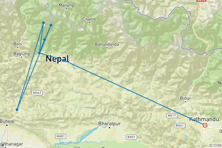 Mapa de Excursión corta de 7 días al campamento base del Annapurna