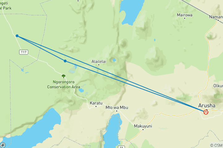 Karte von Arusha, Serengeti & Ngorongoro Krater - 4 Tage