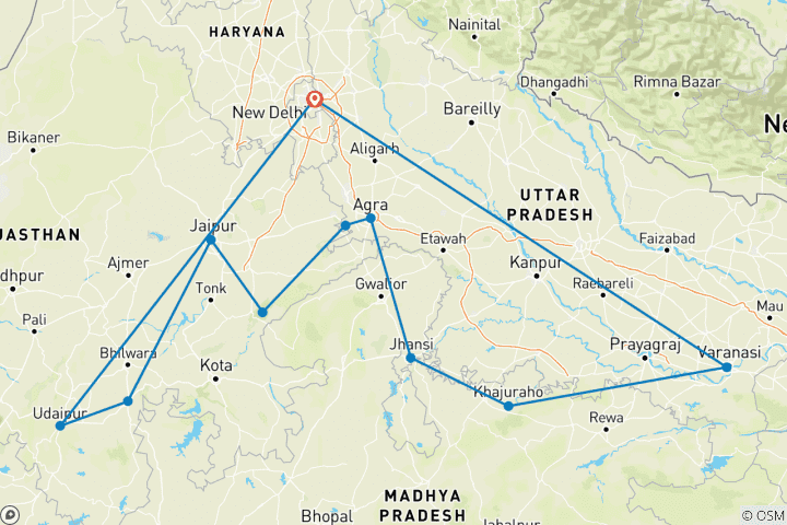 Karte von Nordindien Höhepunkte - luxuriöse Reise