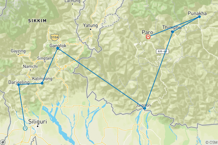 Map of Northeast India and Bhutan Tour