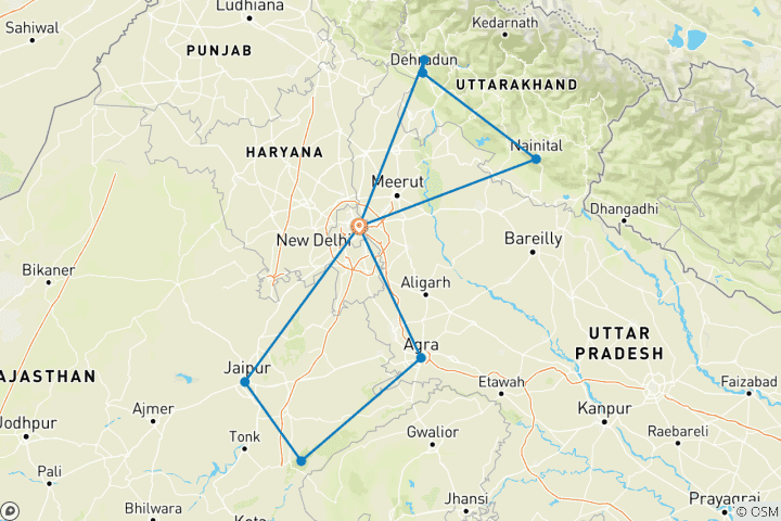 Kaart van Verken Uttarakhand & Gouden Driehoek