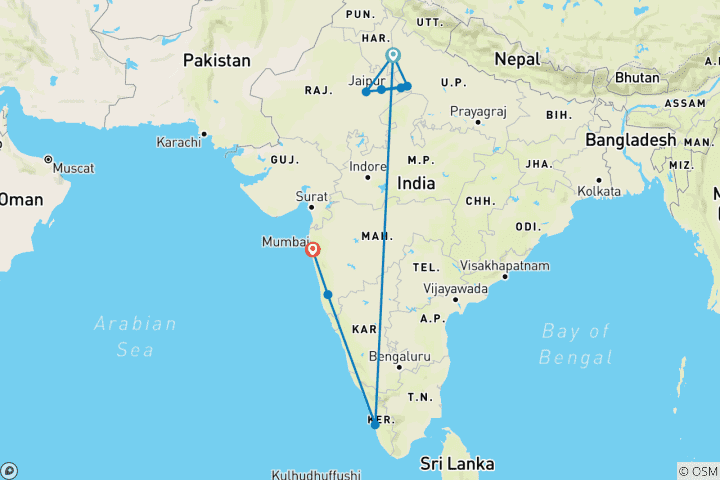 Mapa de Aventura familiar personalizada de 14 días por primera vez en la India, con salida diaria