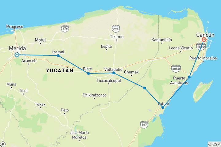 Mapa de 5 días de viaje por México a medida, salida diaria y guía privado