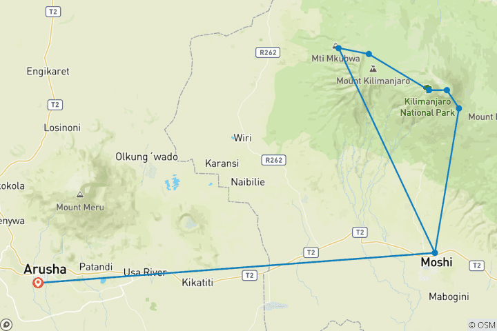 Map of 10 Days Mount Kilimanjaro Hike- Lemosho Route