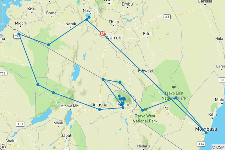 Carte du circuit 21 jours de safari au Kenya et en Tanzanie, Trek au Mont Kilimandjaro et vacances à Diani Beach - Safari de luxe en Land Cruiser 4 X 4