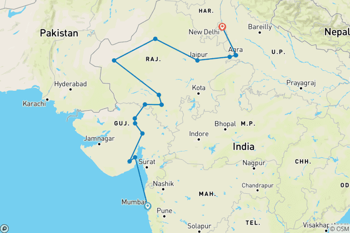 Karte von Rajasthan und Gujarat Rundreise