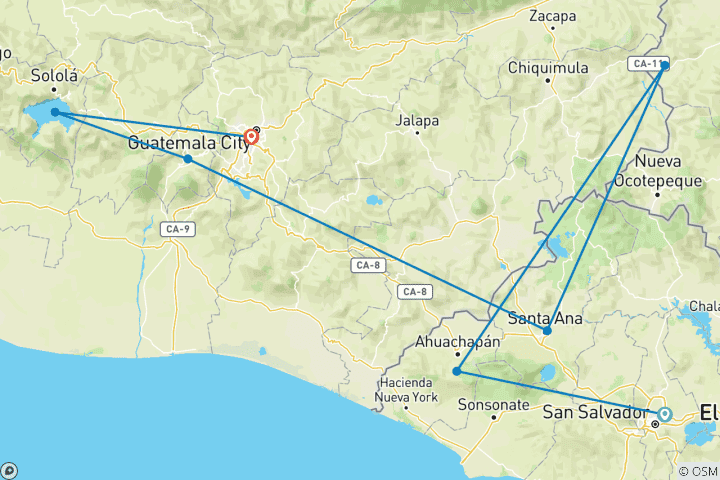 Map of Maya Triangle : El Salvador, Copan Ruins  &  Guatemala     8 Days