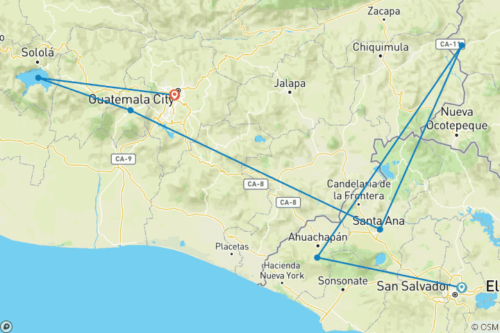 Carte du circuit Triangle Maya : El Salvador, Ruines de Copan et Guatemala 8 jours