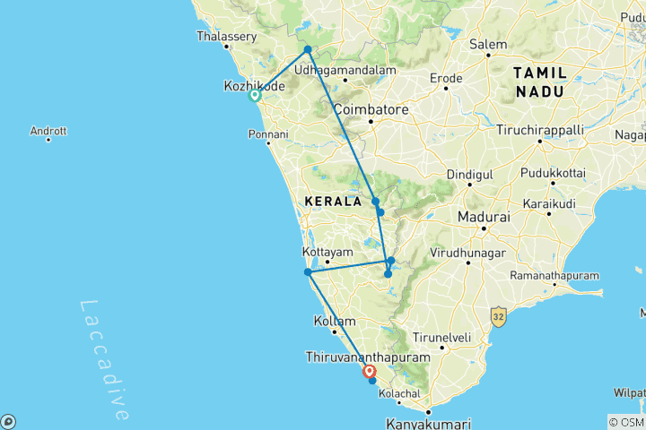 Kaart van Kerala 10-daagse rondreis