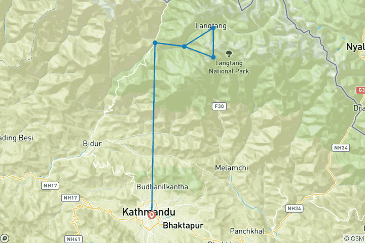 Carte du circuit Trek de la vallée du Langtang 10 jours