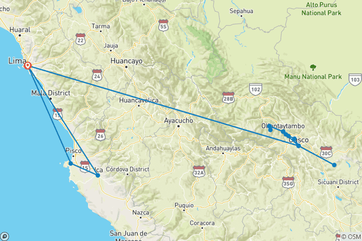 Map of INCA ADVENTURES - 7 Days  (Lima and Cusco) with Domestic Flights